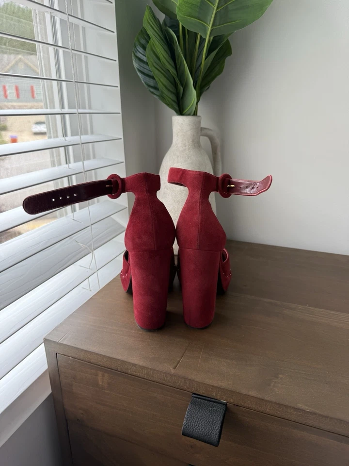 Tacones de salón Prada de gamuza borgoña adornados con joyas plataforma D’orsay EU 41 Foto 3 de 4