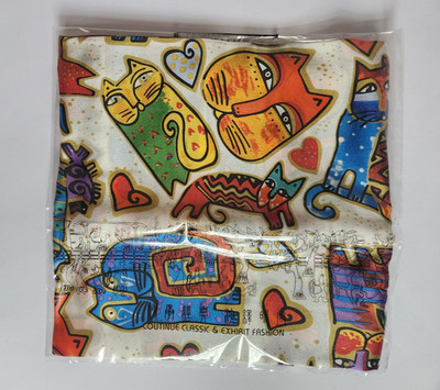 NIB ASILK 100% silk whimsical cat-print scarf 33x33'' colorful in orig packaging