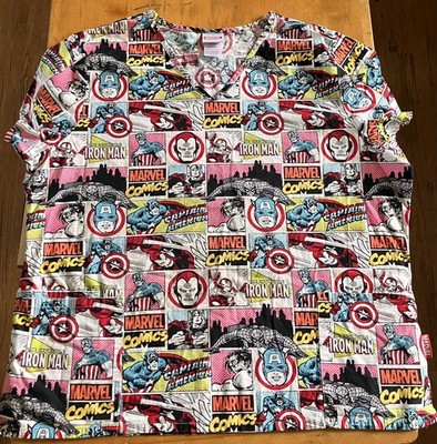 Marvel Comics Avengers Scrub Top Women s 2XL White Shirt Medical Nursing