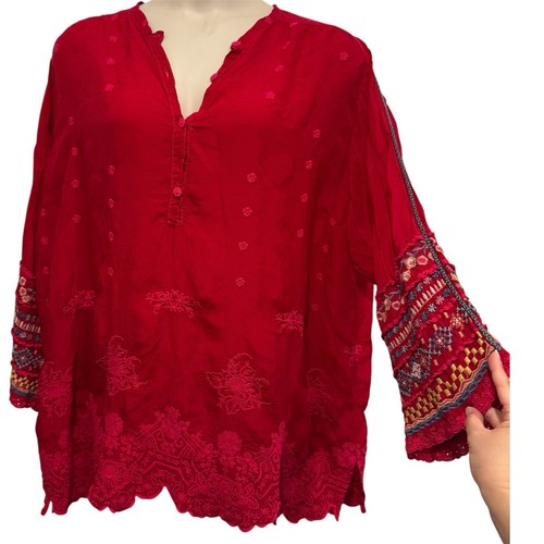 Johnny Was Burgundy Red Embroidered Floral Tunic Blouse Size 2X Cupra Rayon Boho
