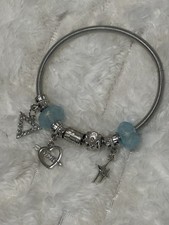 Silver Blue Bead Heart Cross Charm Bracelet