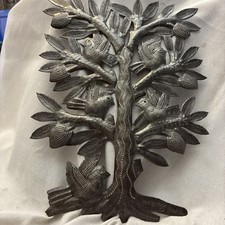 Handmade Haitian Steel Drum Folk Art Birds Tree Cut Sculpture 12”Metal Signed