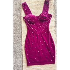 Privy Magenta Velvet Pearl Embellished Corset Bodycon Mini Dress Small