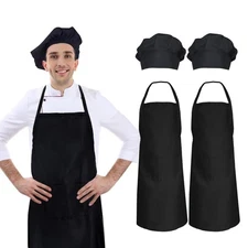 2 Pack Black Chef Hat and Apron Set, Kitchen Cooking Bib Aprons for Men Women...