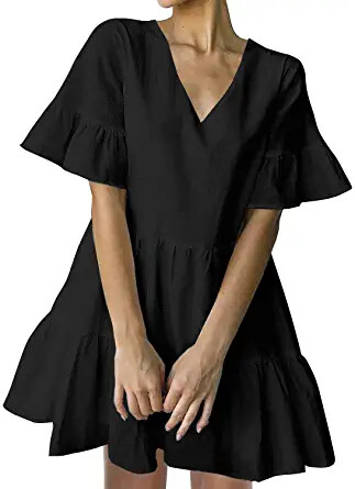 FANCYINN Women's Cute Shift Dress with Pockets Bell Sleeve Ruffle Hem V  Neck | eBay