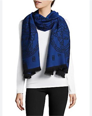 Versace Medusa Reversible Wool Black Blue Knit Scarf Shawl Size 70