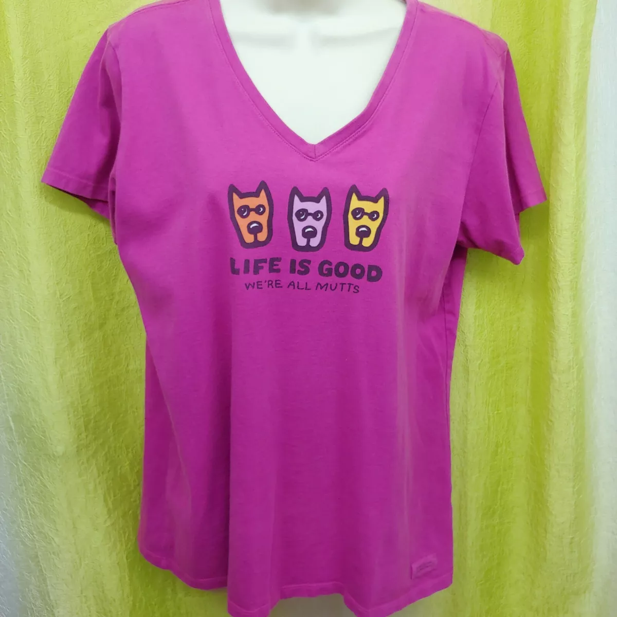 LIFE IS GOOD T Shirt Size Large 3 Dog Graphic Magenta Pink Purple Womens