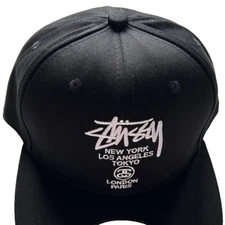 Stussy Hat New York LA Tokyo London Paris Snapback Baseball Cap Black NEW