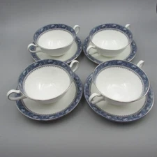 John Aynsley Bone China England BLUE MIST Cream Soup Sets - Set of Four - Used