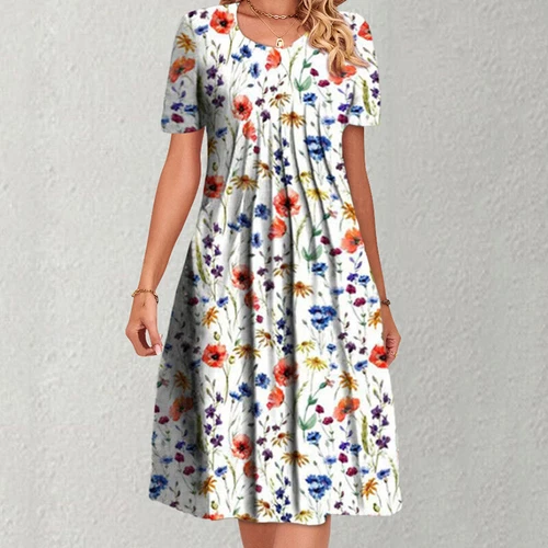 Womens Floral Short Sleeve Midi Dress Ladies Casual Summer Pleated Holiday Dress - Bild 4 von 24
