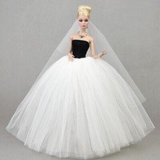 White Black Wedding Dress for 11.5" Doll Outfits Clothes Handmade Long Gown Veil