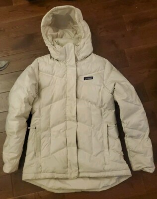 DIRTY PATAGONIA WHITE MEDIUM LENGTH HOODED DOWN JACKET WOMEN'S SIZE MEDIUM