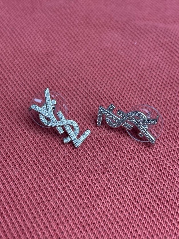 Yves Saint Laurent Silver Plated YSL Monogram Shaped Stud
