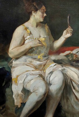 Lajos Jambor - Frau Looking IN Sie Handgehalten Mirror-Oil Malerei c1920s