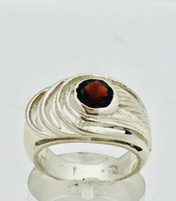 925 Sterling Silver Red Round Shape Garnet Bezel Set Solitaire Ring Size 6.25.