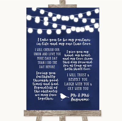 Marineblau Aquarell Lichter Romantische Gelübde Personalisiert Hochzeit Schild