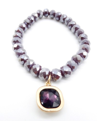 GORGEOUS Purple Moonstone Crystals Square Gold Crystal Charm Stretch Bracelet - Picture 10 of 10