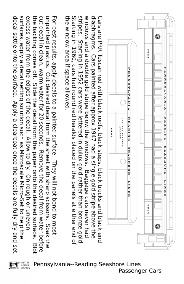 K4 N Scale Decals PennsylvaniaReading Seashore Lines Passenger Car