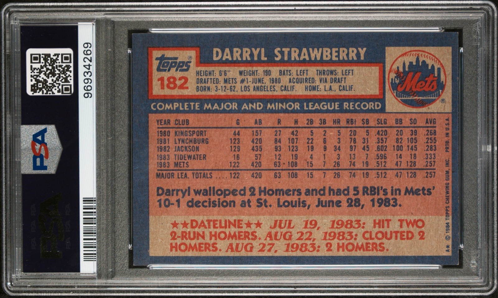 1984 Topps #182 Darryl Strawberry Rookie RC Autograph Auto PSA DNA 10 Mets  view 2