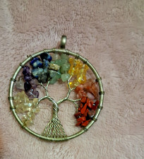 Handcrafted Tree of Life Multicolored Healing Gemstones Wire Round Pendant Charm