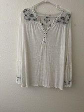 Lucky Brand 1X Creme Embroidered Boho Peasant Blouse Mesh Shoulder