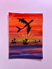 ACEO. Gouache & Ink on Watercolor Paper. sky. boats. dragon. fantasy. impression