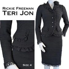 Rickie Freeman Teri Jon Black Skirt Suit 4 Polka Dot Ruffle Trim Cocktail Event