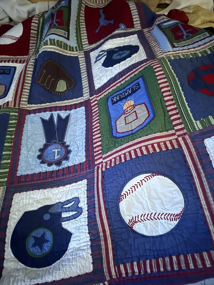 Pottery Barn Kids Sports Appliqué Embroidered Quilt Reversible Patchwork 66”x86” - Image 3 of 4
