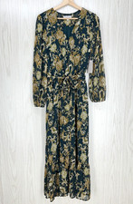 Chelsea28 Dress Womens Small Green Floral Long Sleeve V Neck Belted Midi Lined