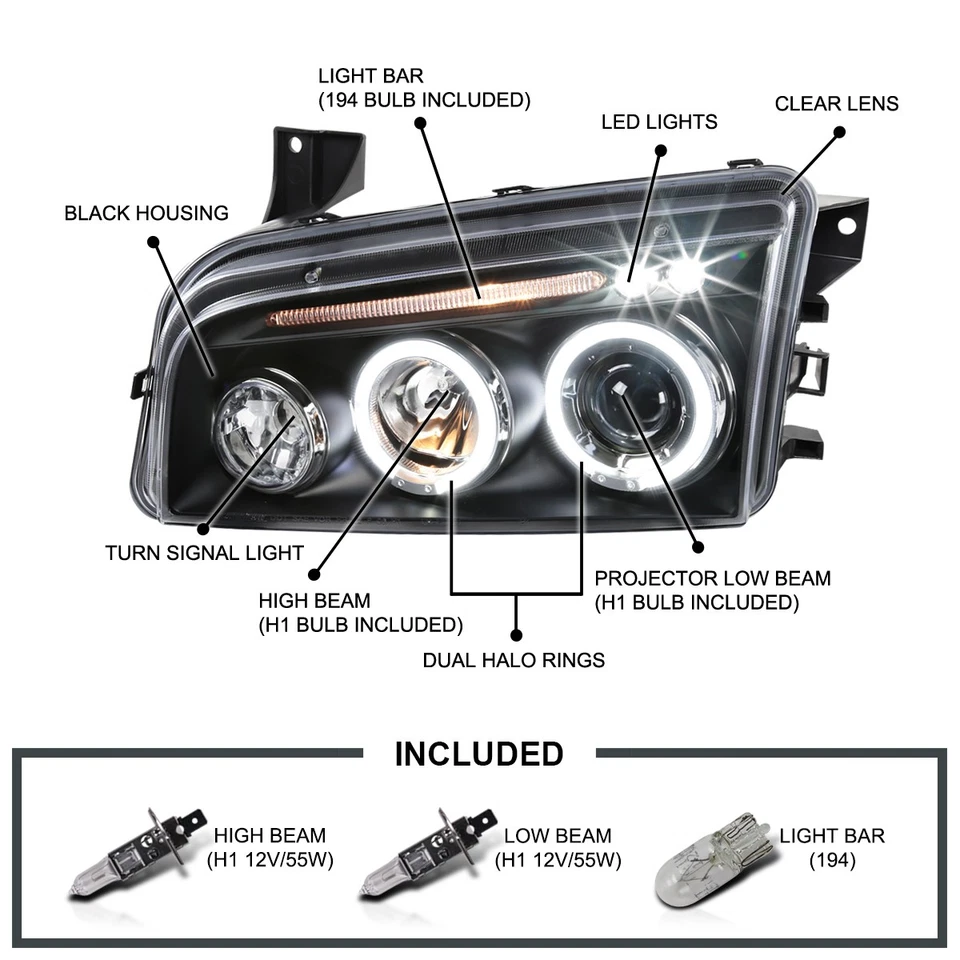 Black Fits 2006-2010 Dodge Charger LED Halo Projector Headlights Lamp Left+Right Foto 3 de 4