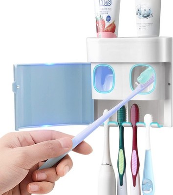 Toothbrush Holder Toothpaste Dispenser Wall Mounted with Cover, 4 Slots Blue 