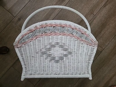 VTG Wicker Rattan Magazine Vinyl Record Storage Rack Basket Beach Cottage Decor - Image 1 of 4