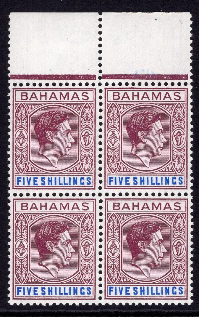 BAHAMAS 1938-52 KGVI 5/- TOP MARGINAL BLOCK OF FOUR VFUM. STANLEY GIBBONS 156d.