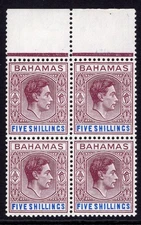 BAHAMAS 1938-52 KGVI 5/- TOP MARGINAL BLOCK OF FOUR VFUM. STANLEY GIBBONS 156d.