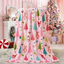 Christmas Throw Blanket - Cute Santa Claus Flannel Holiday Blankets Pink Chri...