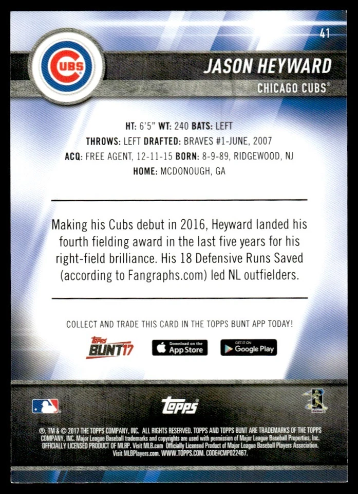 2017 Topps Bunt Blue Jason Heyward Chicago Cubs #41 - Image 2 of 2
