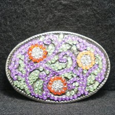 WG07133 VERY COOL VINTAGE 1970s FLORAL MULTI-COLOR ARTWORK UNISEX BELT BUCKLE
