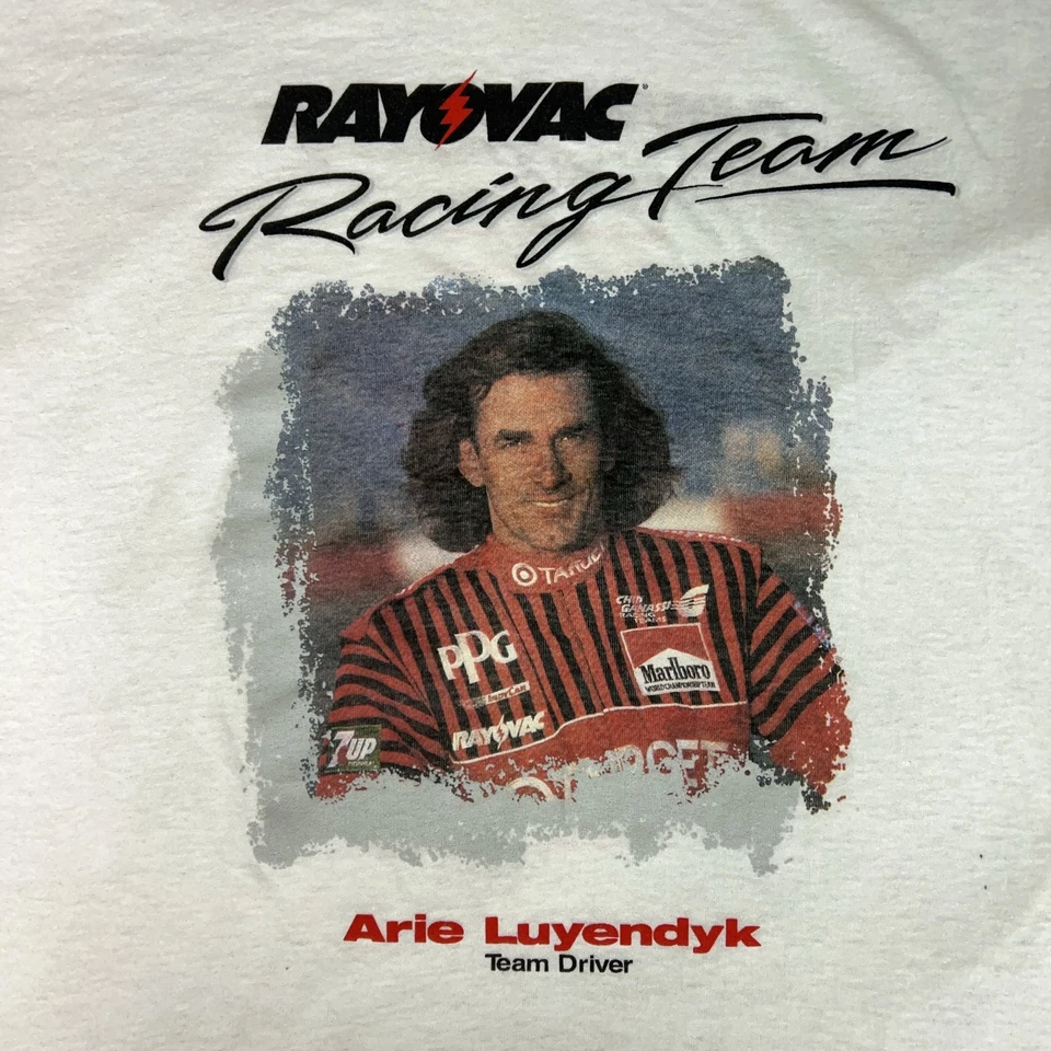 Camiseta vintage Arie Luyendyk para hombre XL IndyCar Rayovac Racing Team 1993 camiseta años 90 Foto 2 de 4