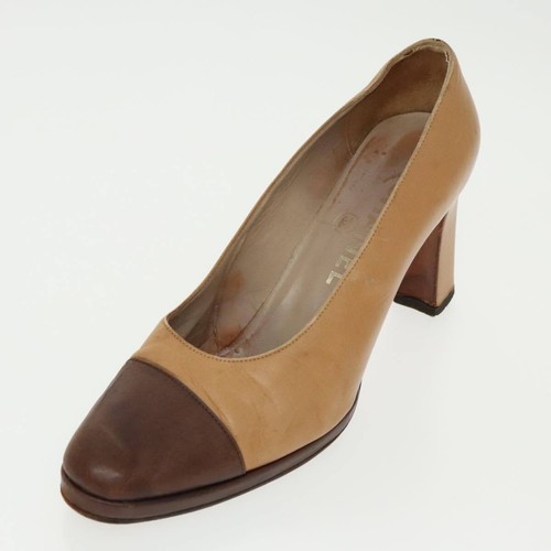 CHANEL Tacones Altos Cuero Beige Marrón CC Auténtico ac3348 - Imagen 15 de 24