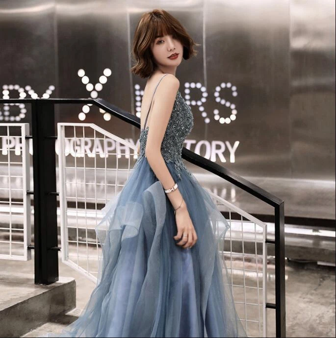 Elegant spaghetti straps plain falbala evening dress clearance