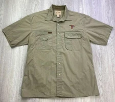 Woolrich Mens Button Front Shirt Green Short Sleeve Collar Pockets Embroidered L