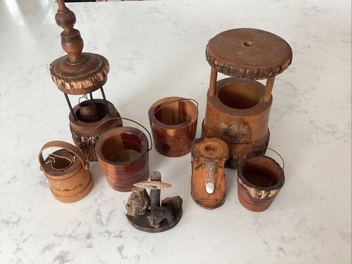 Vintage 8 Pc NY Souvenir Wood Wells Buckets Catskills Adirondack Bear Mt Montauk