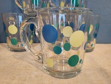 Libby Glass Mug 12 oz Set 6 Cold Hot Yellow Blue Green Polka Dot MCM