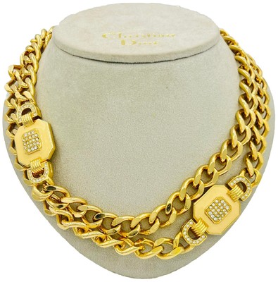 Vintage DIOR Weiße Emaille Kristall Lange Vergoldete Kette/Schmuck ca.92cm.