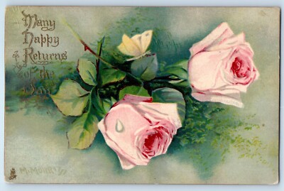Many Happy Returns Art Pink Roses Flowers Klein Signed Embossed Tuck Postcard