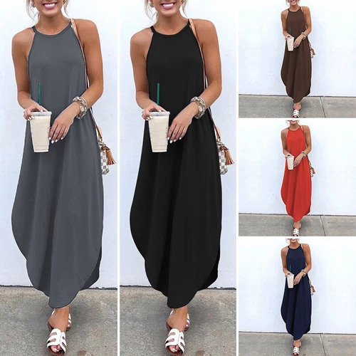 Damen Sommer Shirt Kleid Mode Sommerkleid Urlaub Strand Maxi Lang Slip - Bild 5 von 23