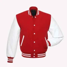 Men's Varsity Jacket, Wool Blend with PU Leather Sleeves, Button Closure