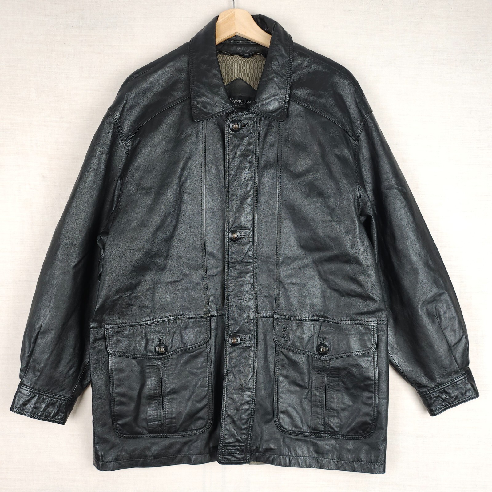 YSL Yves Saint Laurent Uomo M Giacca di Pelle Nera Utility Field Designer