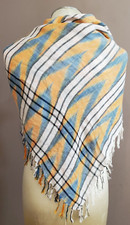 Square Scarf Blue Orange Cream Plaid Chevron 38x40" Woven Fringe Southwestern