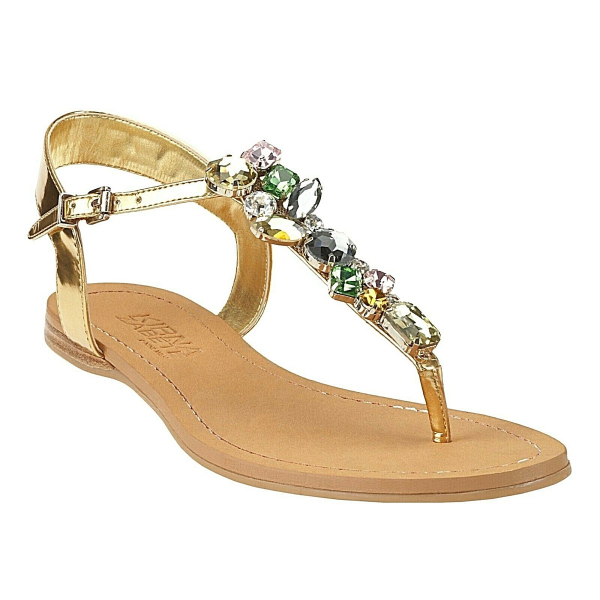 KIRNA ZABETE Nine West Jeweled Sunfish Gold Thong Sandals Sz 8.5